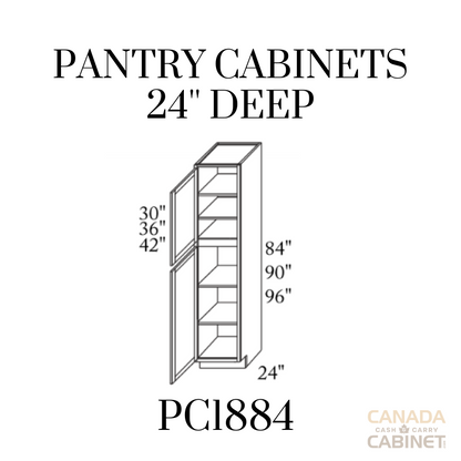 Pearl White Pantry Cabinet 18 inches wide 24 inches deep 84 inches tall with White box and Pearl White doors