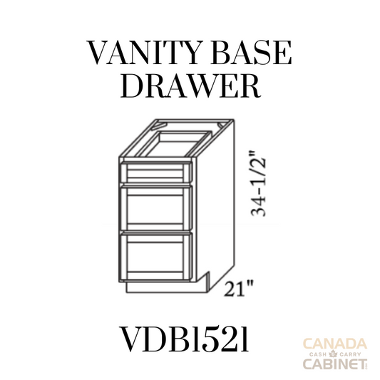 Pearl White Vanity Drawer Base Cabinet 15 inches wide 21 inches deep 34.5 inches tall with White box and Pearl White doors