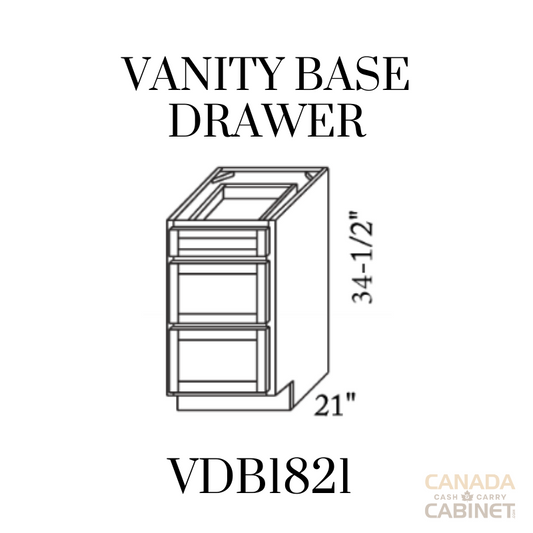 Pearl White Vanity Drawer Base Cabinet 18 inches wide 21 inches deep 34.5 inches tall with White box and Pearl White doors