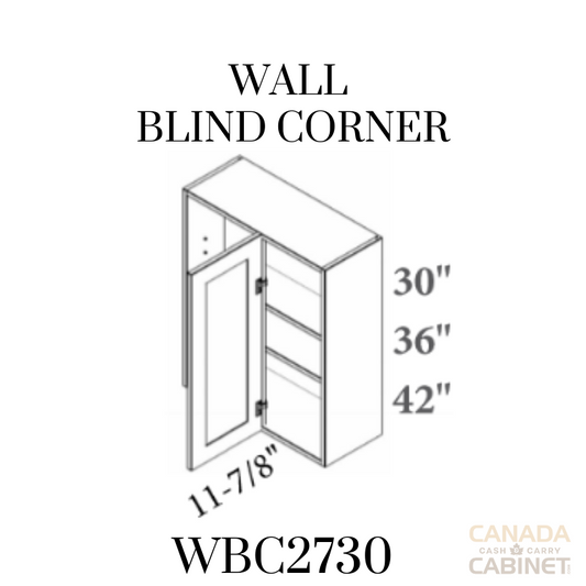 Shaker Grey Wall Bind Corner Cabinet 27 inches wide 12 inches deep 30 inches tall with White box and Shaker Grey doors