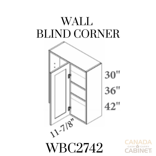 Shaker Grey Wall Bind Corner Cabinet 27 inches wide 12 inches deep 42 inches tall with White box and Shaker Grey doors