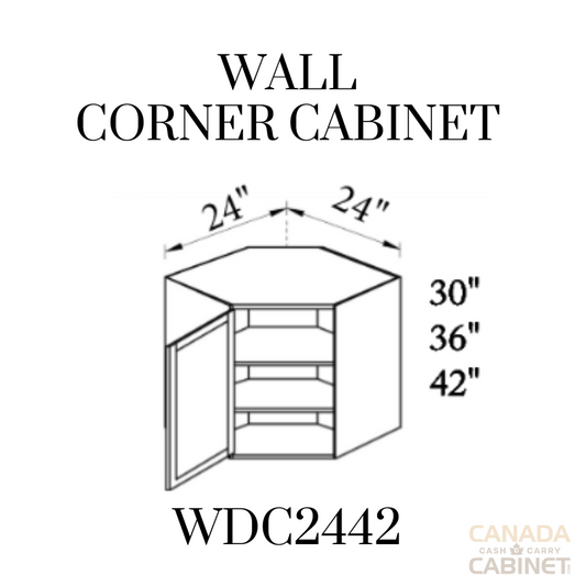 Pearl White Wall Diagonal Corner Cabinet 24 inches wide 12 inches deep 42 inches tall with White box and Pearl White doors